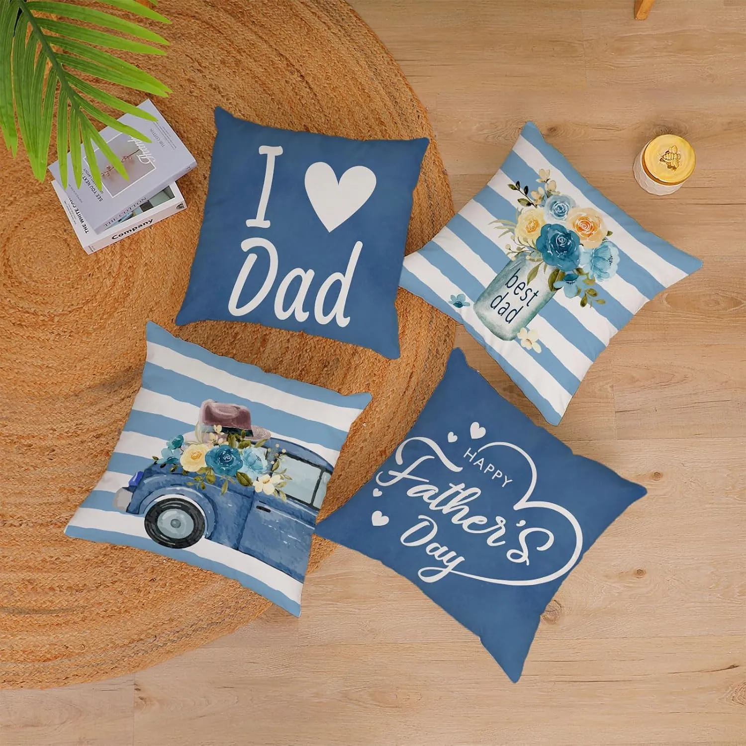 Neatee Living Fathers Day Pillow Covers 16x16 Set of 4 Velvet Blue Dad Throw Pillow Covers Floral Truck Cushion Covers Pillow Case Gift for Father Dad Birthday Home Outdoor Sofa Decoration (16)