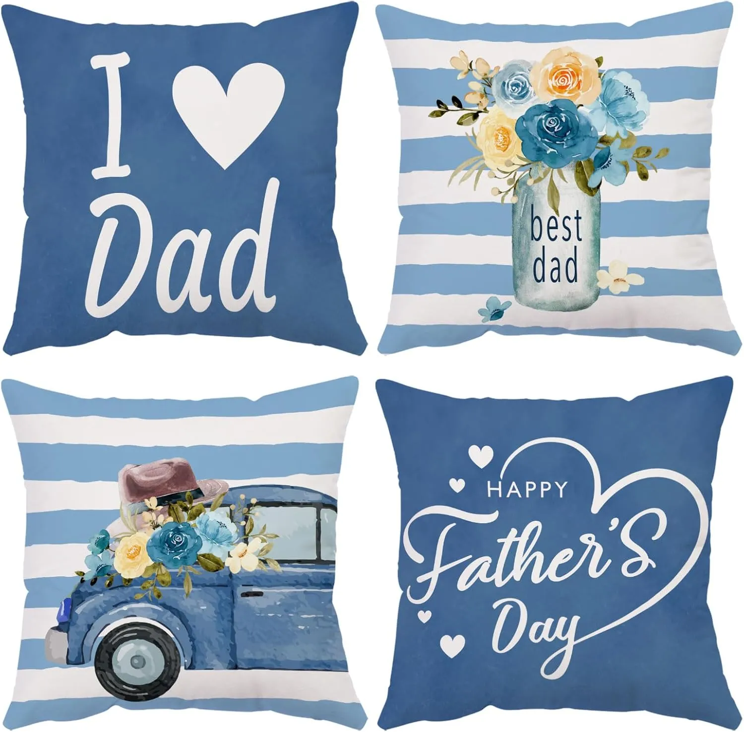 Neatee Living Fathers Day Pillow Covers 16x16 Set of 4 Velvet Blue Dad Throw Pillow Covers Floral Truck Cushion Covers Pillow Case Gift for Father Dad Birthday Home Outdoor Sofa Decoration (16)