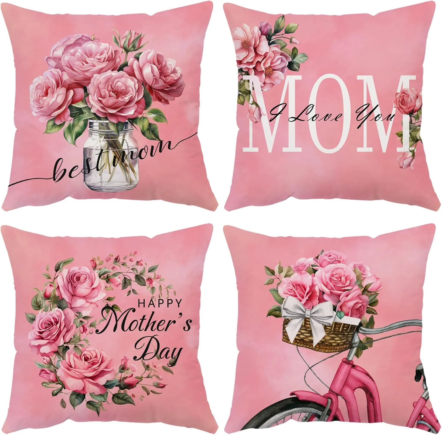Neatee Living Mothers Day Pillow Covers 14x14 Set of 4 Velvet Mom Throw Pillow Covers Pink Rose Flower Floral Cushion Covers Pillow Case Gift for Mother Mom Birthday Home Outdoor Sofa Decoration (14)