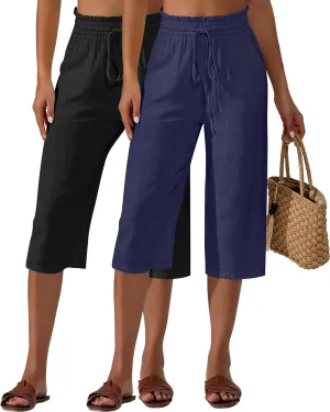 Neer 2 Pcs Women's Linen Wide Leg Capri Pants Beach High Waisted Drawstring Casual Loose Capris Pants with Pockets