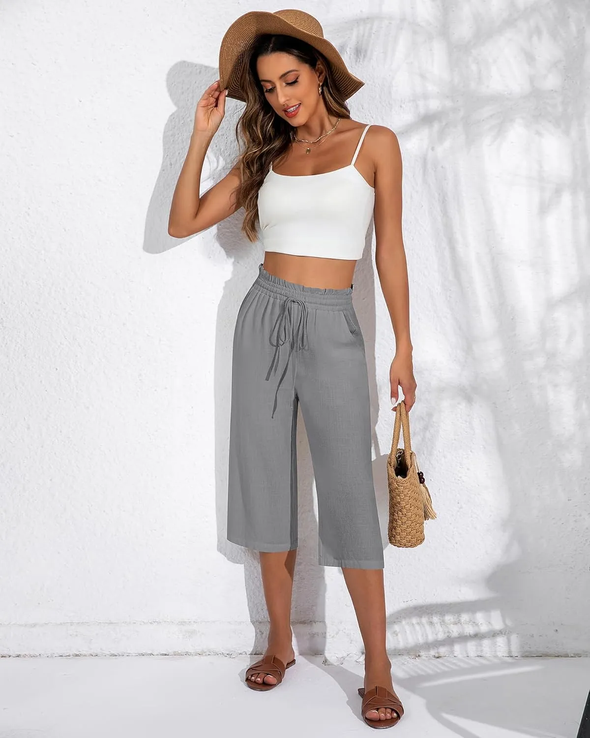Neer 2 Pcs Women's Linen Wide Leg Capri Pants Beach High Waisted Drawstring Casual Loose Capris Pants with Pockets