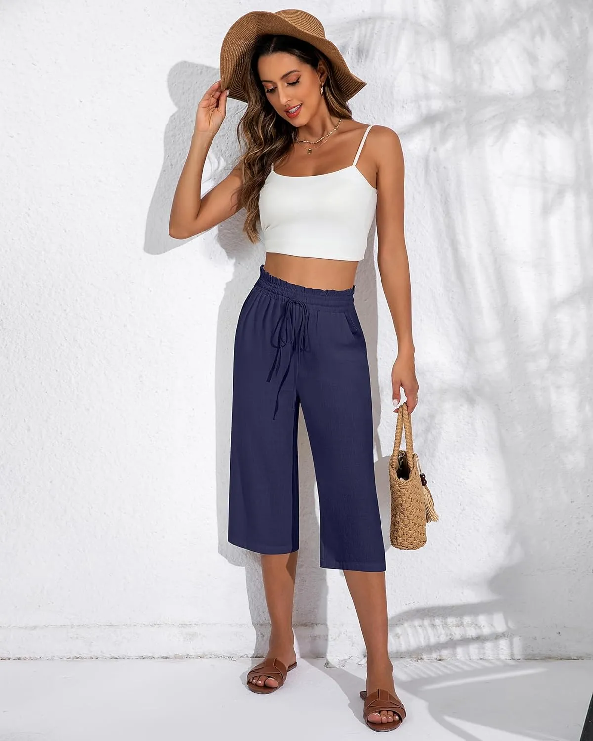 Neer 2 Pcs Women's Linen Wide Leg Capri Pants Beach High Waisted Drawstring Casual Loose Capris Pants with Pockets