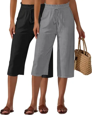 Neer 2 Pcs Women's Linen Wide Leg Capri Pants Beach High Waisted Drawstring Casual Loose Capris Pants with Pockets