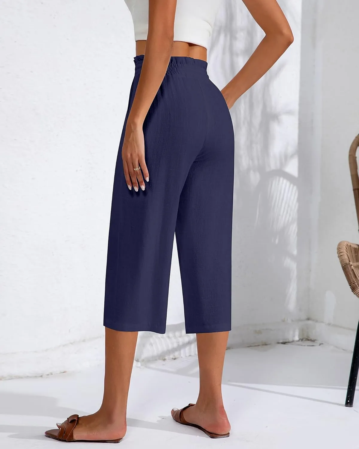 Neer 2 Pcs Women's Linen Wide Leg Capri Pants Beach High Waisted Drawstring Casual Loose Capris Pants with Pockets