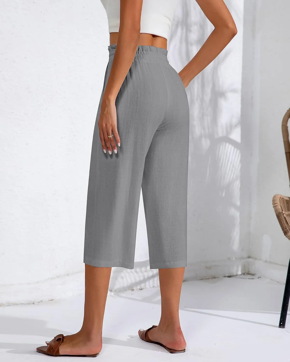 Neer 2 Pcs Women's Linen Wide Leg Capri Pants Beach High Waisted Drawstring Casual Loose Capris Pants with Pockets