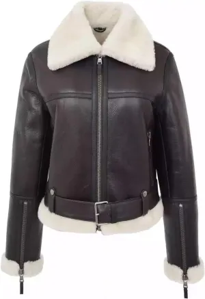 NEMS Women's B3 RAF Bomber Brown Aviator Flying Real Leather Jacket Faux Fur Coat