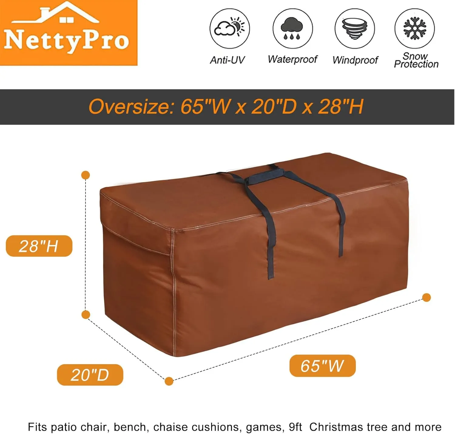 NettyPro Outdoor Patio Cushion Storage Bags Water-Resistant Extra Large 9 Ft Christmas Tree Cushion Bags for Storage, 65 x 20 x 28 Inch, Brown