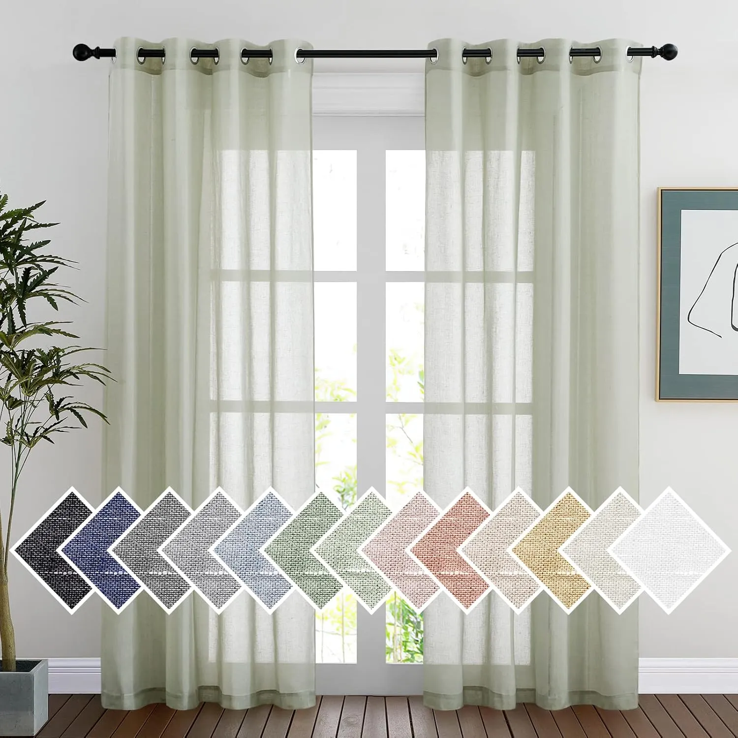 NICETOWN Linen Sheer sage green Curtains 84 inch Length for Bedroom, Grommet Semi Sheer Linen Blend Vertical Window Drapes Privacy with Light Filtering for Living Room, Sage Green, W52 x L84, Set of 2