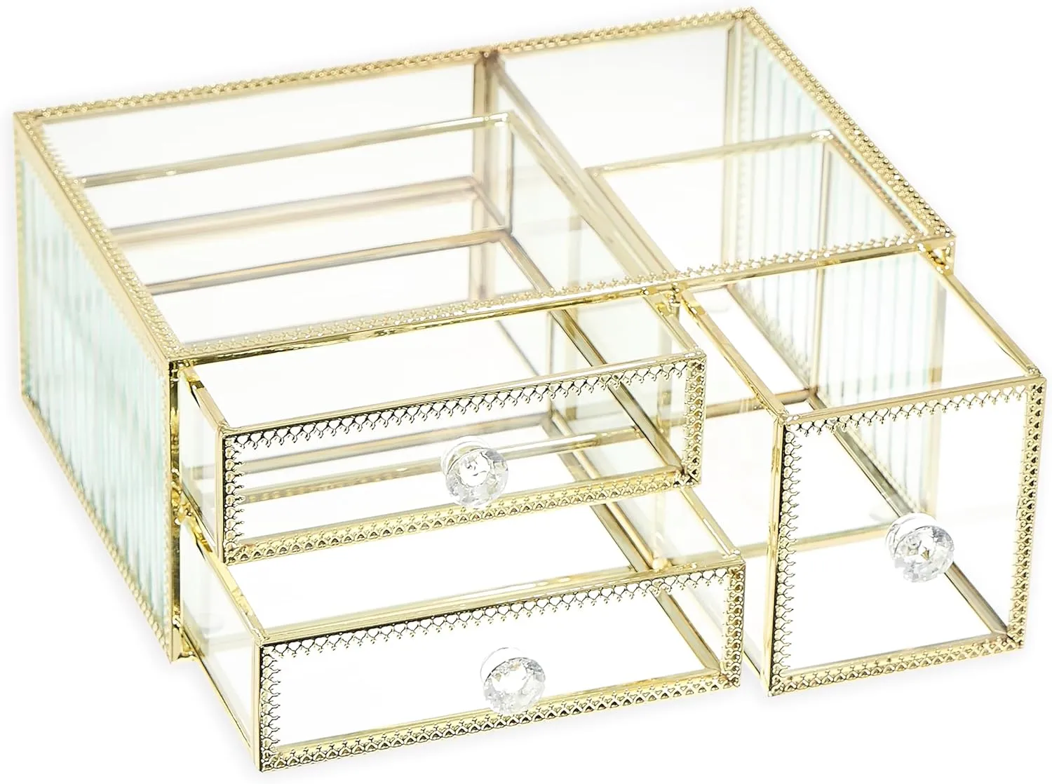Nicole Miller Glass Makeup Organizer with Rotating Design, Golden Accents, and Multiple Sections - Elevate Your Vanity with Elegant Beauty Storage, 3 Drawer