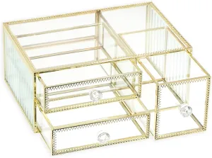 Nicole Miller Glass Makeup Organizer with Rotating Design, Golden Accents, and Multiple Sections - Elevate Your Vanity with Elegant Beauty Storage, 3 Drawer
