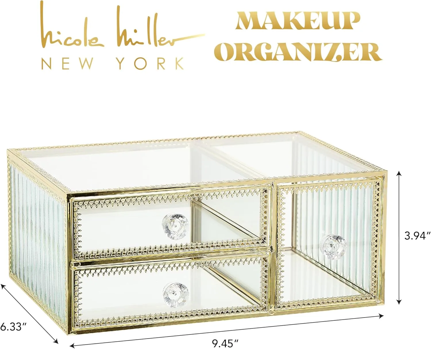 Nicole Miller Glass Makeup Organizer with Rotating Design, Golden Accents, and Multiple Sections - Elevate Your Vanity with Elegant Beauty Storage, 3 Drawer