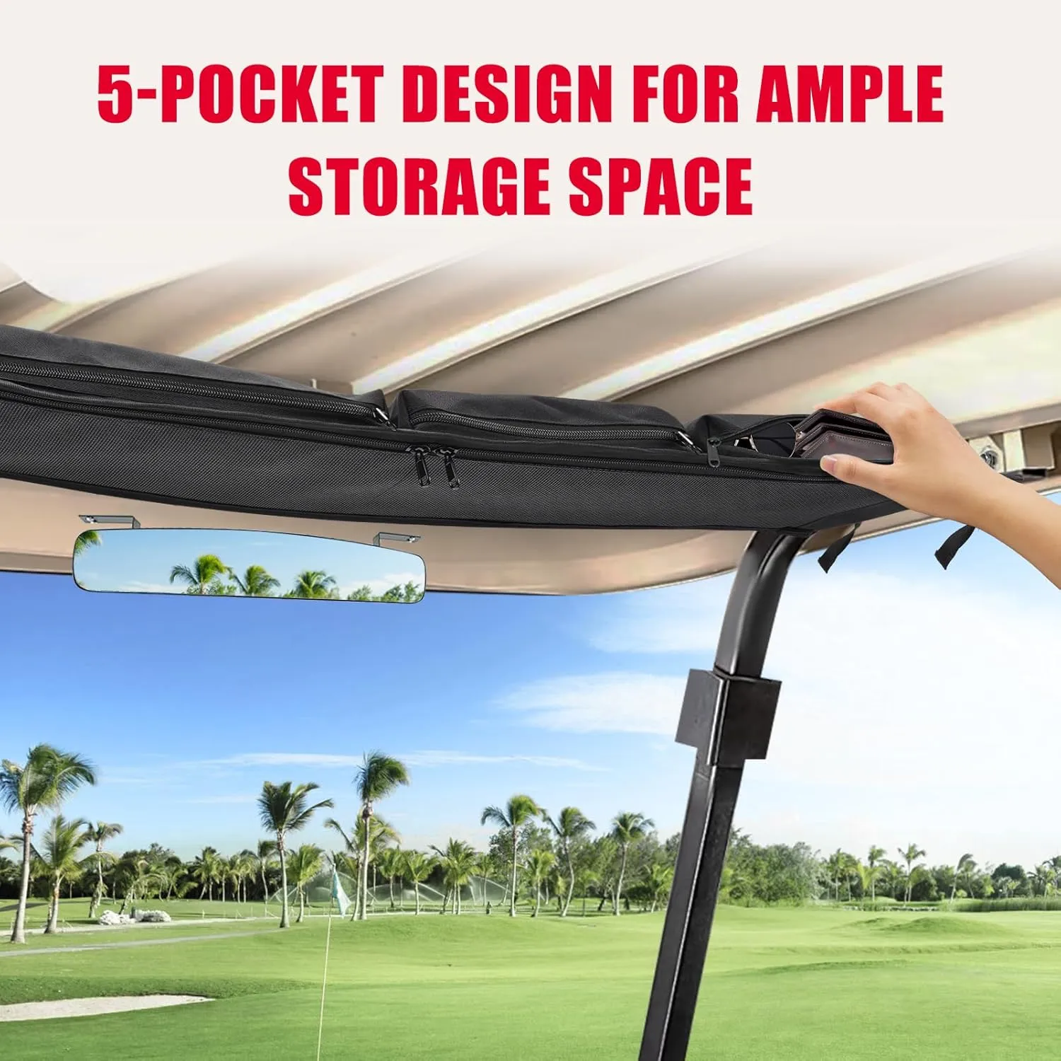 No Drilling Golf Cart Organizer Bag Adjustable Golf Cart Overhead Storage Bag Universal Golf Cart Front Storage Basket with Insulated Cup Holders