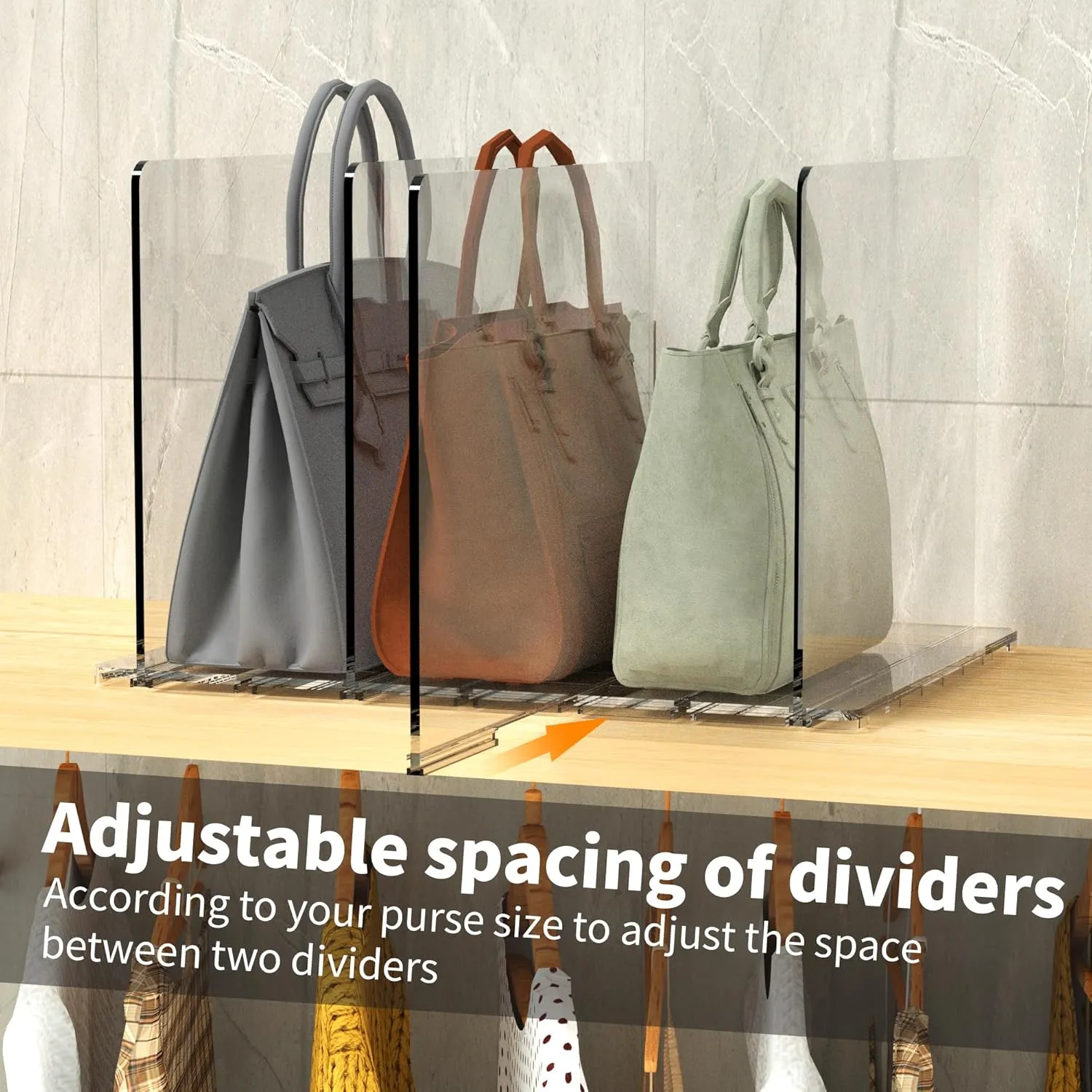 Noleja Purse Organizer for Closet, Clear Shelf Dividers,Adjustable Acrylic Shelf Divider for Clothes Purses Handbag Closet Organizer, Adjustable for Bedroom,Acrylic Bookshelf (2pcs 4dividers Tr)