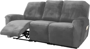 NORTHERN BROTHERS Velvet 8 Pieces Recliner Sofa Covers 3 Seater, Stretch Recliner Couch Cover for Reclining Couch, Thick Soft Reclining Couch Cover Washable for Kids, Light Grey