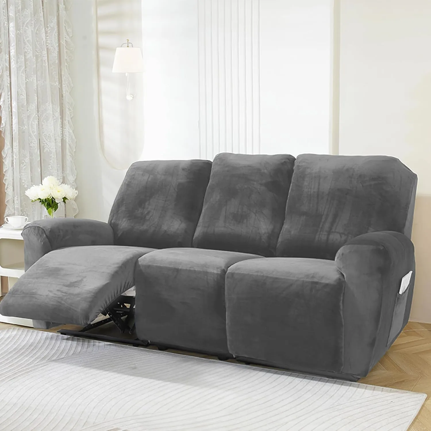 NORTHERN BROTHERS Velvet 8 Pieces Recliner Sofa Covers 3 Seater, Stretch Recliner Couch Cover for Reclining Couch, Thick Soft Reclining Couch Cover Washable for Kids, Light Grey