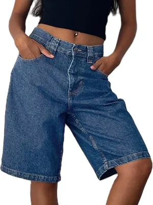 NUFIWI Women Baggy Denim Bermuda Shorts Y2k Vintage Straight Leg Denim Shorts Casual Knee Length Jean Jorts with Pockets