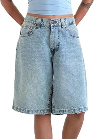 NUFIWI Women Baggy Denim Bermuda Shorts Y2k Vintage Straight Leg Denim Shorts Casual Knee Length Jean Jorts with Pockets