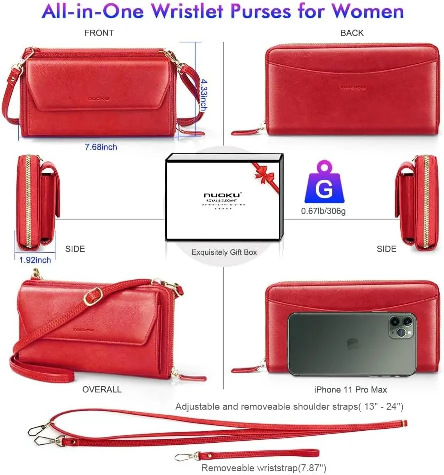 nuoku Womens RFID Wallet Purse Wristlet Crossbody Clutch with Zip Around 2 Strap