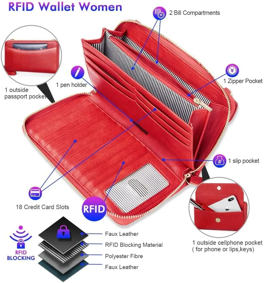 nuoku Womens RFID Wallet Purse Wristlet Crossbody Clutch with Zip Around 2 Strap