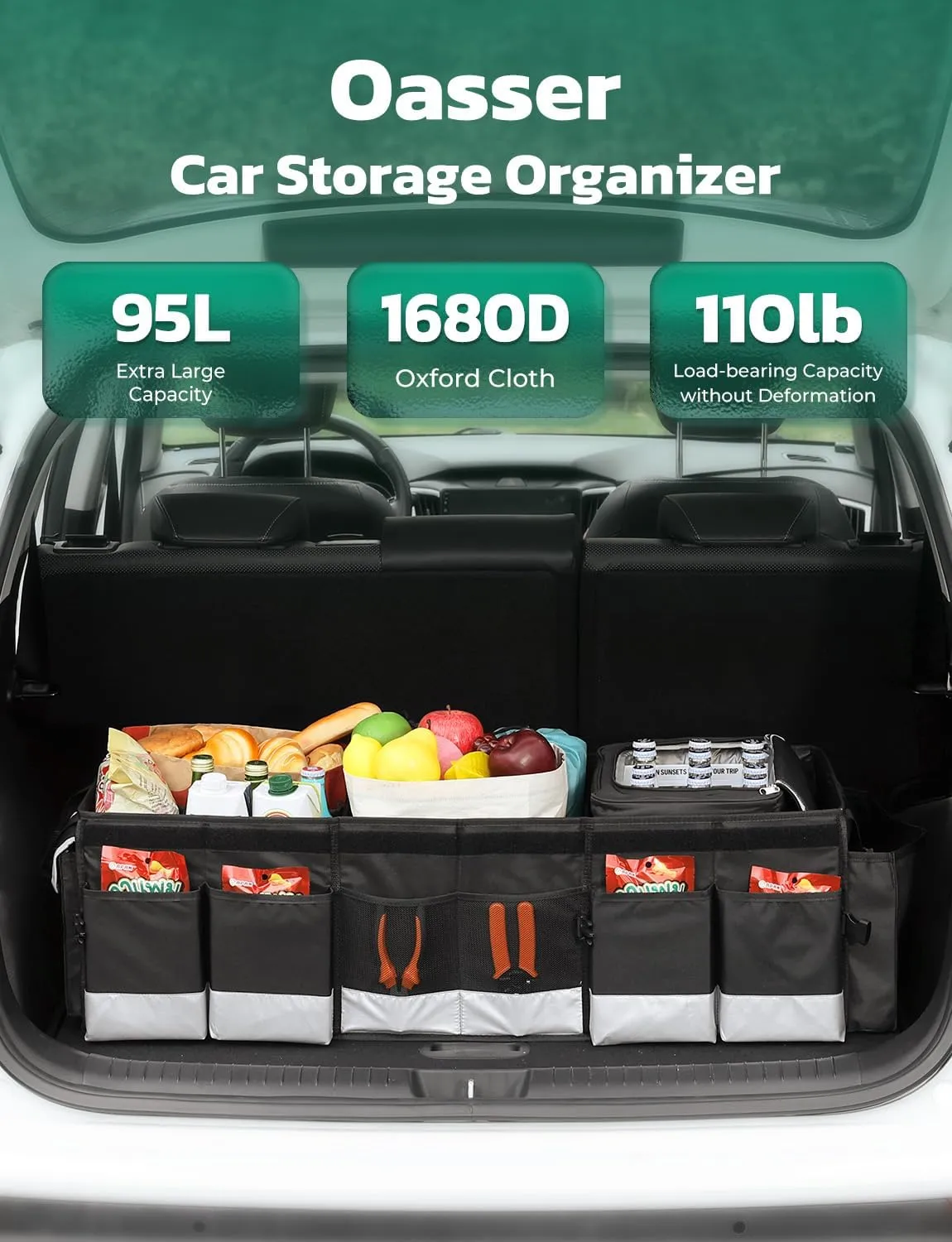 Oasser Trunk Organizer with Cooler Bag, Large Collapsible Car Trunk Organizer for SUV with Multi Compartments, Car Storage Grocery with Lid (Extra Large, Black&Grey)