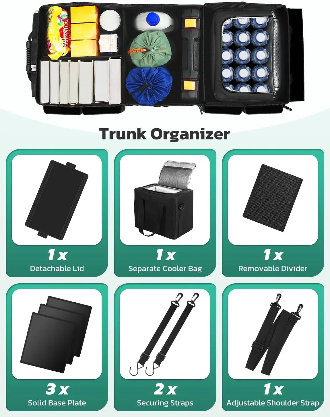 Oasser Trunk Organizer with Cooler Bag, Large Collapsible Car Trunk Organizer for SUV with Multi Compartments, Car Storage Grocery with Lid (Extra Large, Black&Grey)