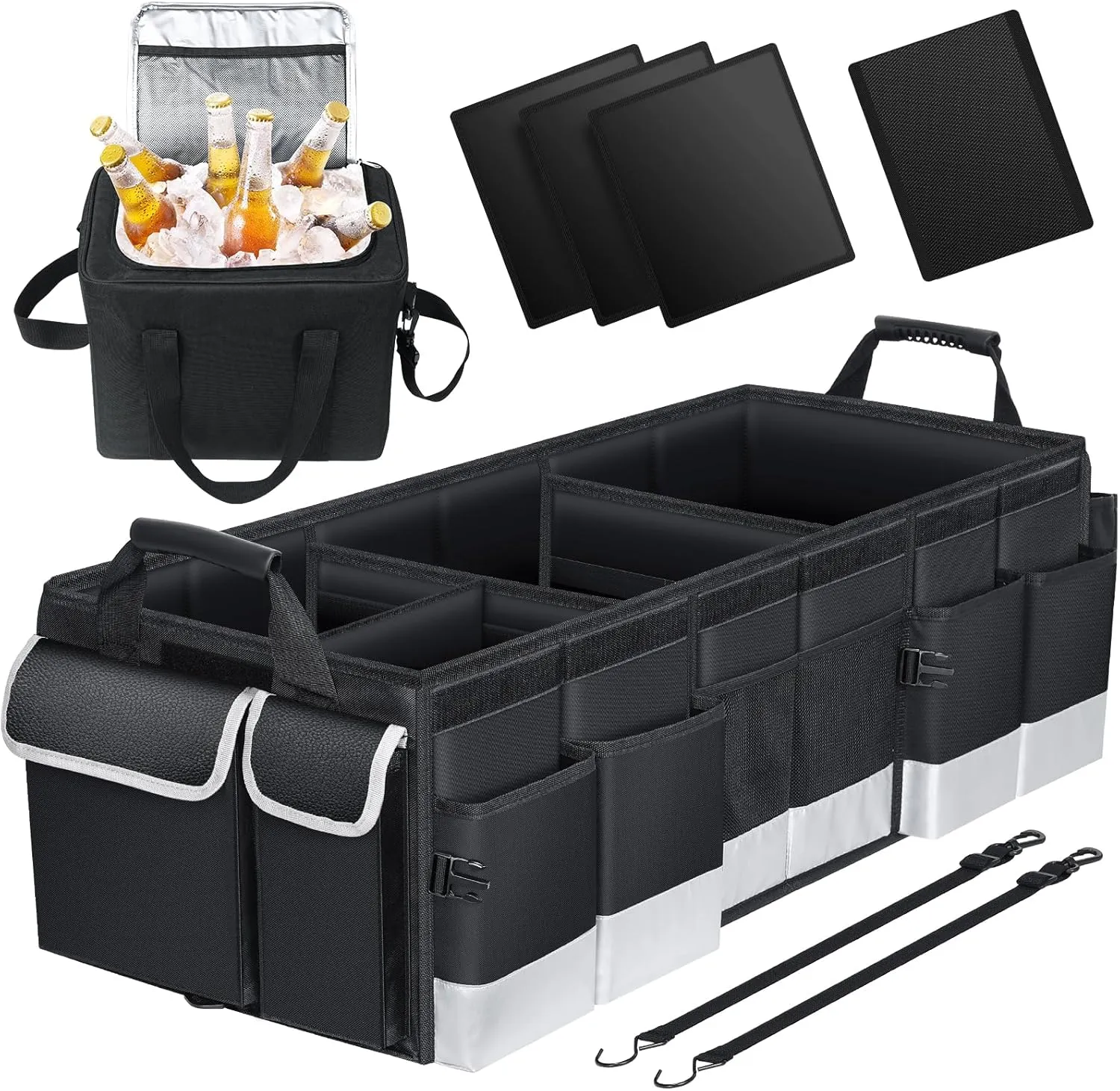 Oasser Trunk Organizer with Cooler Bag, Large Collapsible Car Trunk Organizer for SUV with Multi Compartments, Car Storage Grocery with Lid (Extra Large, Black&Grey)