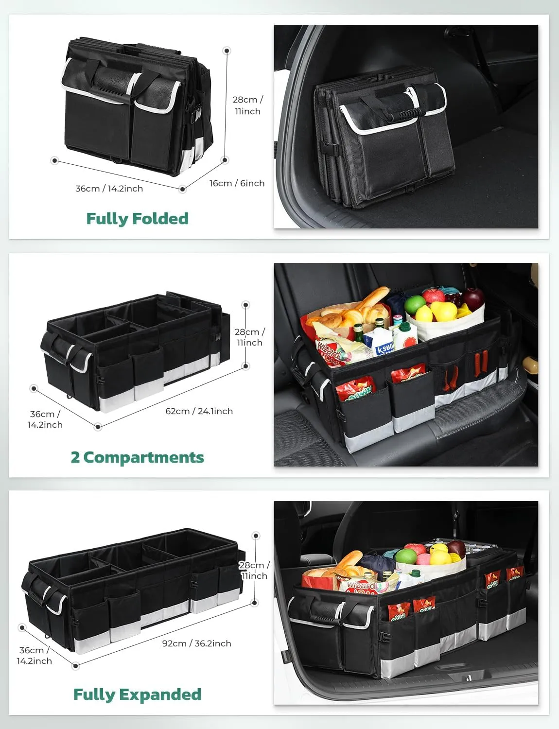 Oasser Trunk Organizer with Cooler Bag, Large Collapsible Car Trunk Organizer for SUV with Multi Compartments, Car Storage Grocery with Lid (Extra Large, Black&Grey)