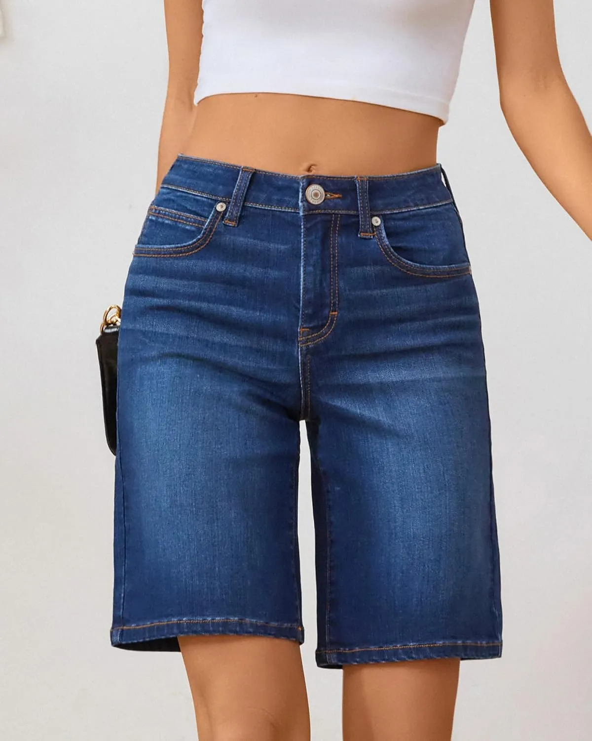 OFLUCK Bermuda Shorts for Women Mid Waisted Trendy Stretchy Denim Shorts Knee Length Cutoff Loose Fit