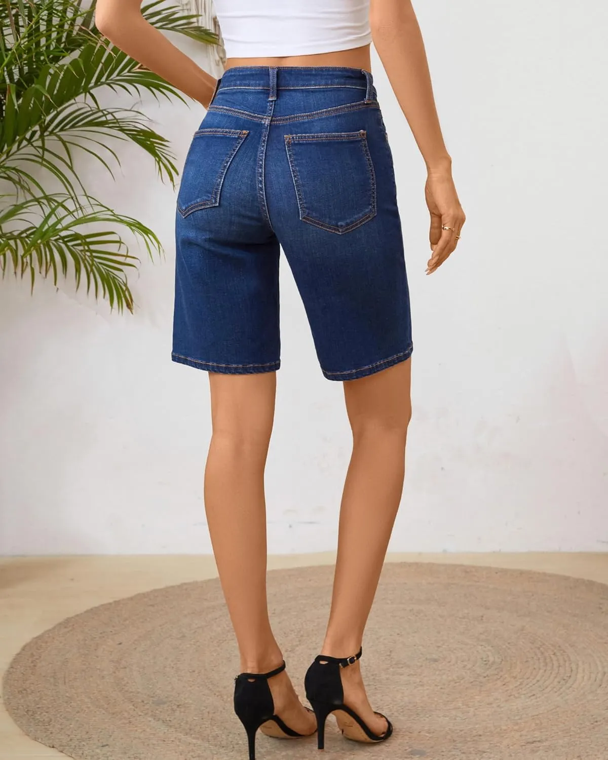 OFLUCK Bermuda Shorts for Women Mid Waisted Trendy Stretchy Denim Shorts Knee Length Cutoff Loose Fit
