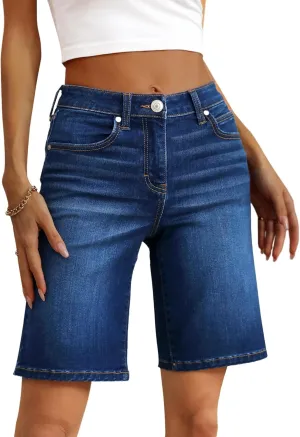 OFLUCK Bermuda Shorts for Women Mid Waisted Trendy Stretchy Denim Shorts Knee Length Cutoff Loose Fit