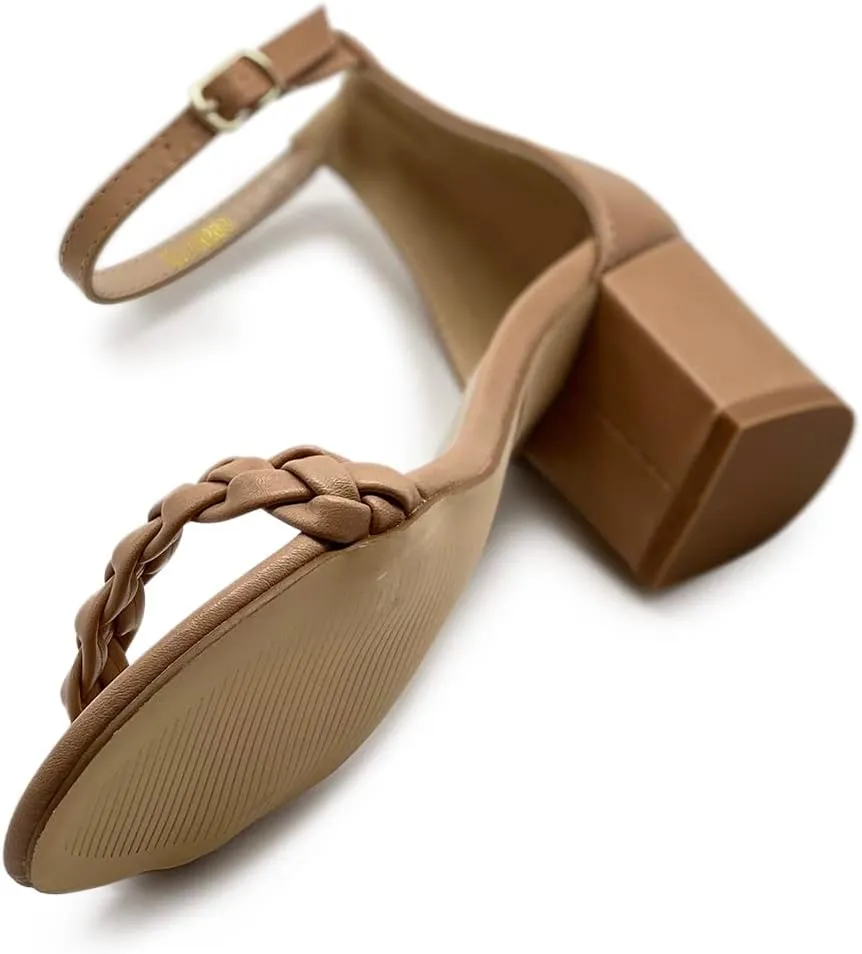 Ollio Women's Shoes Faux Leather Chunky Mid Heel Ankle Strap Heeled Sandals H203