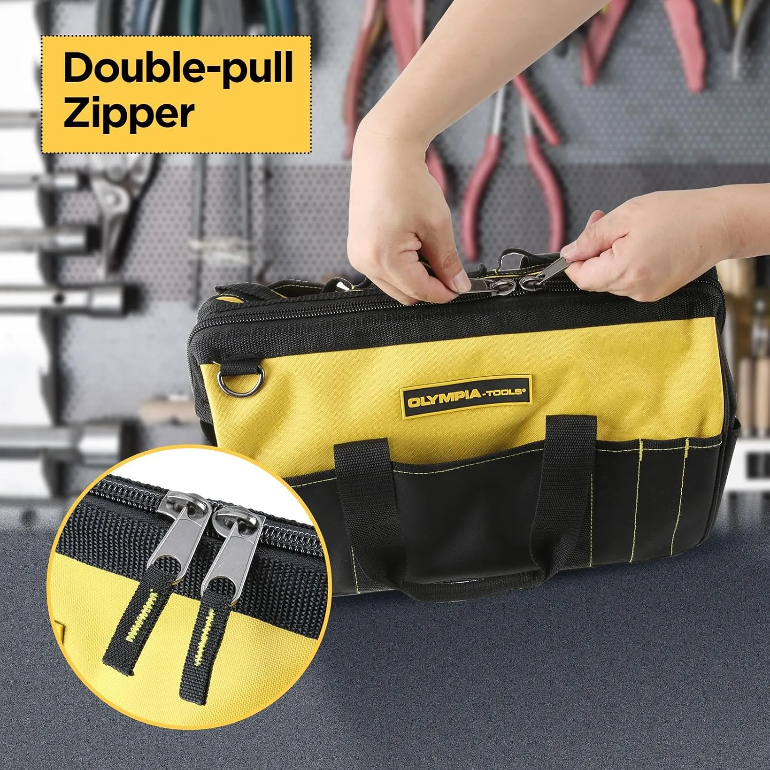 Olympia Tools 16 Inch Wide Mouth Tool Bag, Molded Waterproof Base with 21 Pockets and 7 Belt Loops, Padded Handle, Adjustable Shoulder Strap