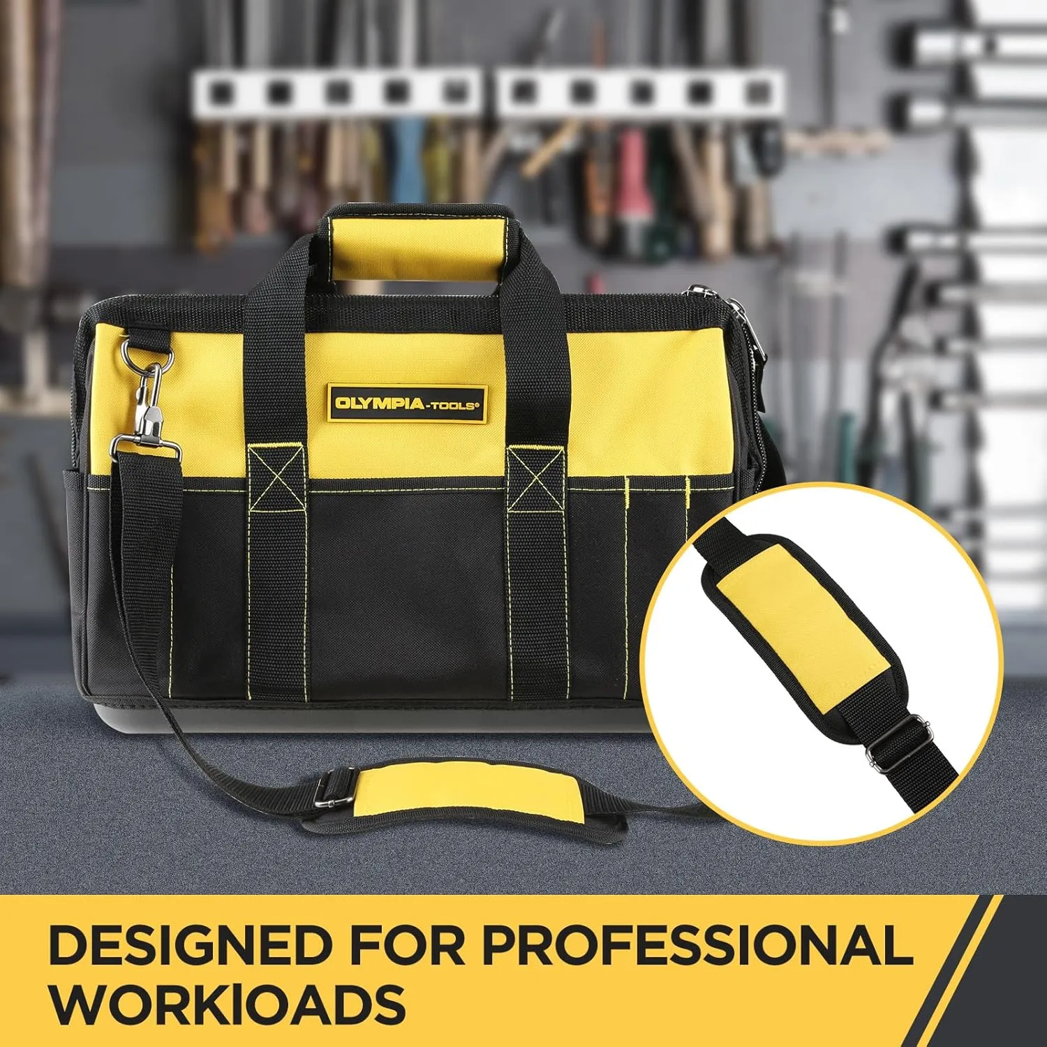 Olympia Tools 16 Inch Wide Mouth Tool Bag, Molded Waterproof Base with 21 Pockets and 7 Belt Loops, Padded Handle, Adjustable Shoulder Strap