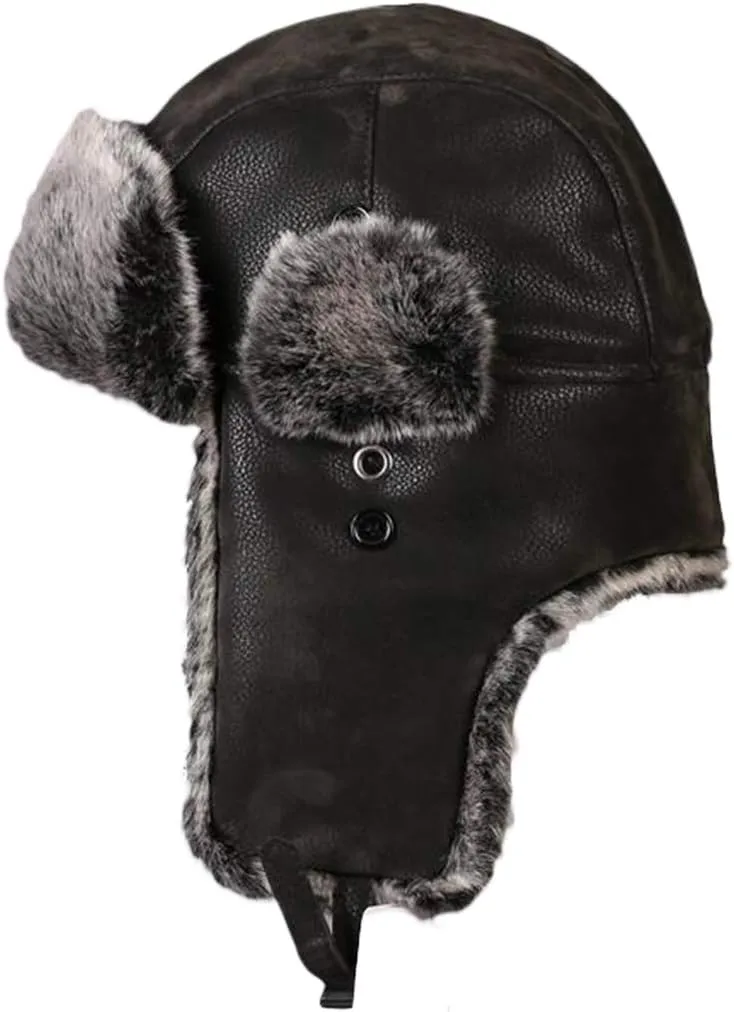 Oncefirst Unisex Aviator Hat Faux Leather Pilot Cap Winter Trapper Hunting Hat