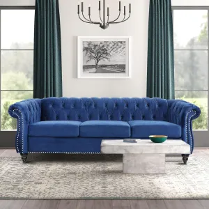 ONCIN Velvet Chesterfield Sofa, 84'' Modern Tufted 3 Seater Couch with Scroll Arms and Wood Legs for Living Room Bedroom (Blue), Blue Velvet, 84 In Chesterfield Sofa