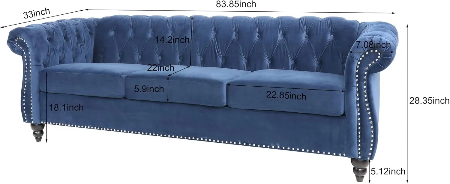ONCIN Velvet Chesterfield Sofa, 84'' Modern Tufted 3 Seater Couch with Scroll Arms and Wood Legs for Living Room Bedroom (Blue), Blue Velvet, 84 In Chesterfield Sofa