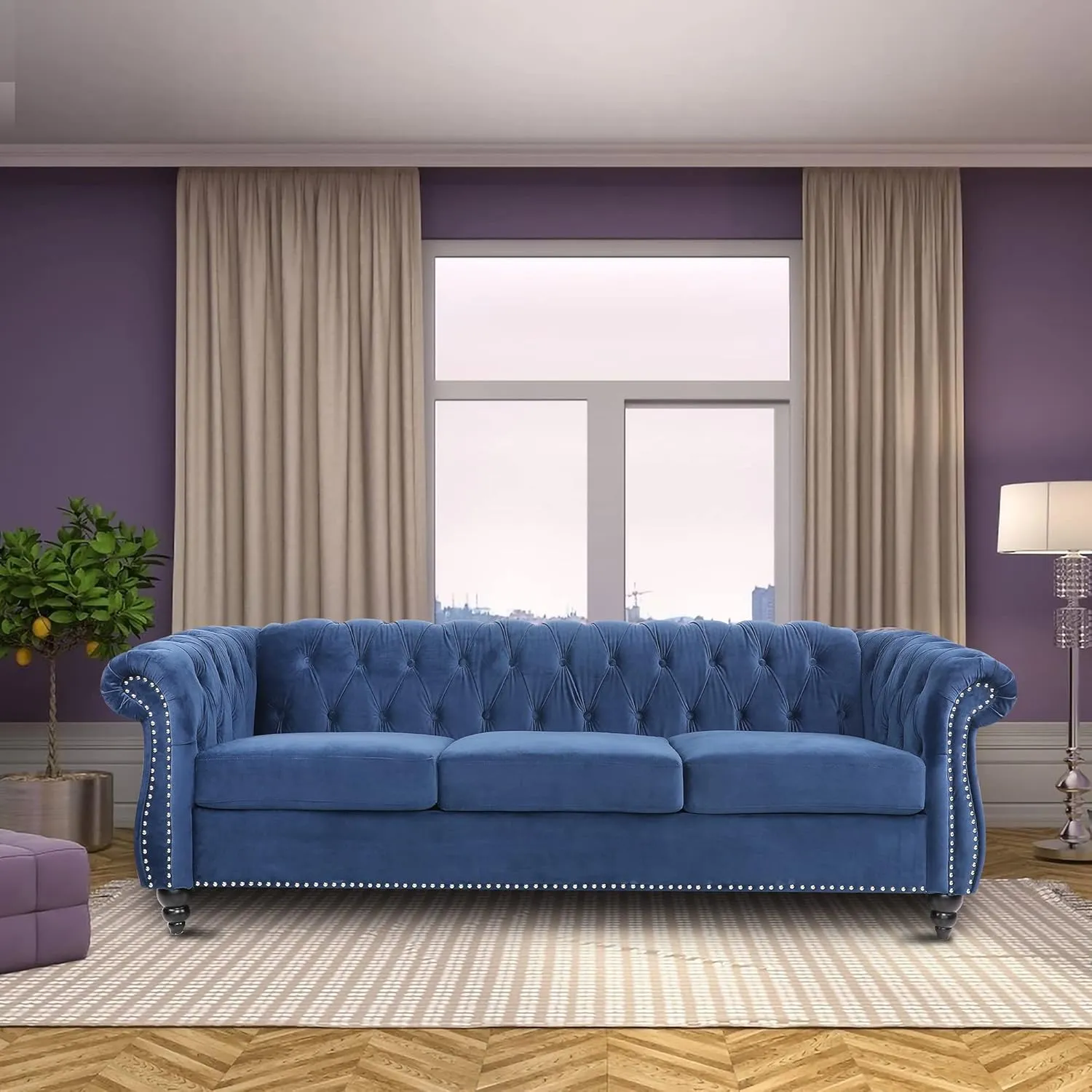 ONCIN Velvet Chesterfield Sofa, 84'' Modern Tufted 3 Seater Couch with Scroll Arms and Wood Legs for Living Room Bedroom (Blue), Blue Velvet, 84 In Chesterfield Sofa