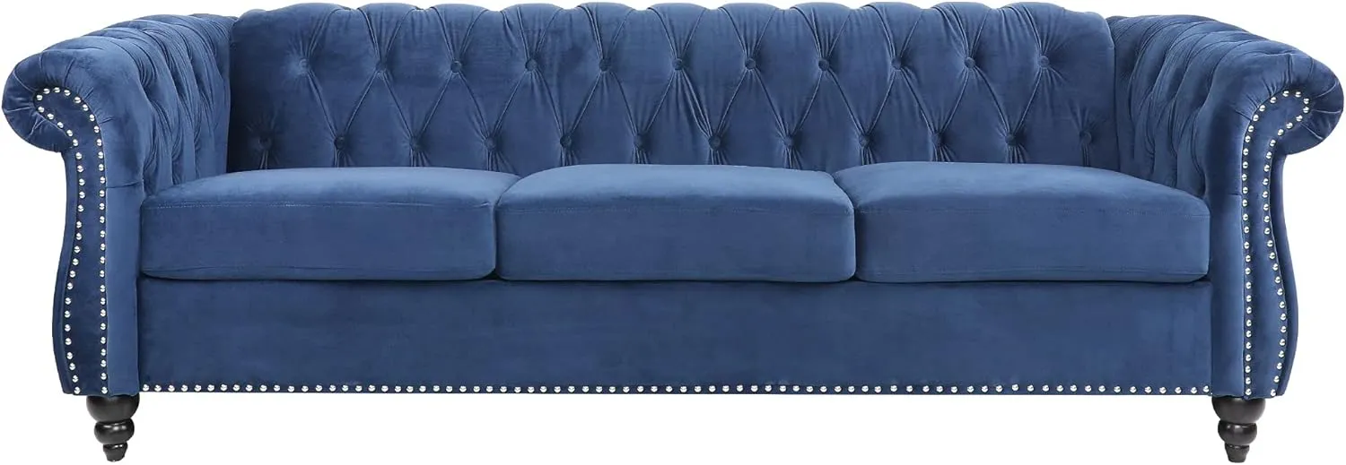 ONCIN Velvet Chesterfield Sofa, 84'' Modern Tufted 3 Seater Couch with Scroll Arms and Wood Legs for Living Room Bedroom (Blue), Blue Velvet, 84 In Chesterfield Sofa