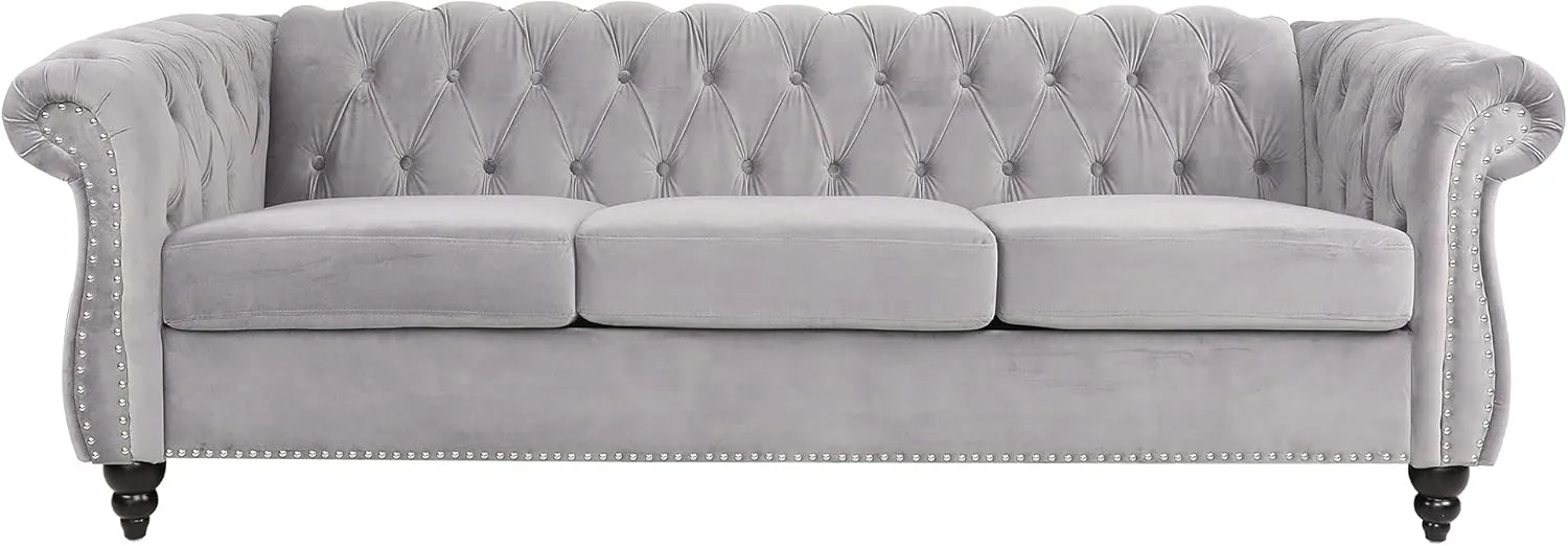 ONCIN Velvet Chesterfield Sofa, 84'' Modern Tufted 3 Seater Couch with Scroll Arms and Wood Legs for Living Room Bedroom (Gray), Grey Velvet, 84 In Chesterfield Sofa