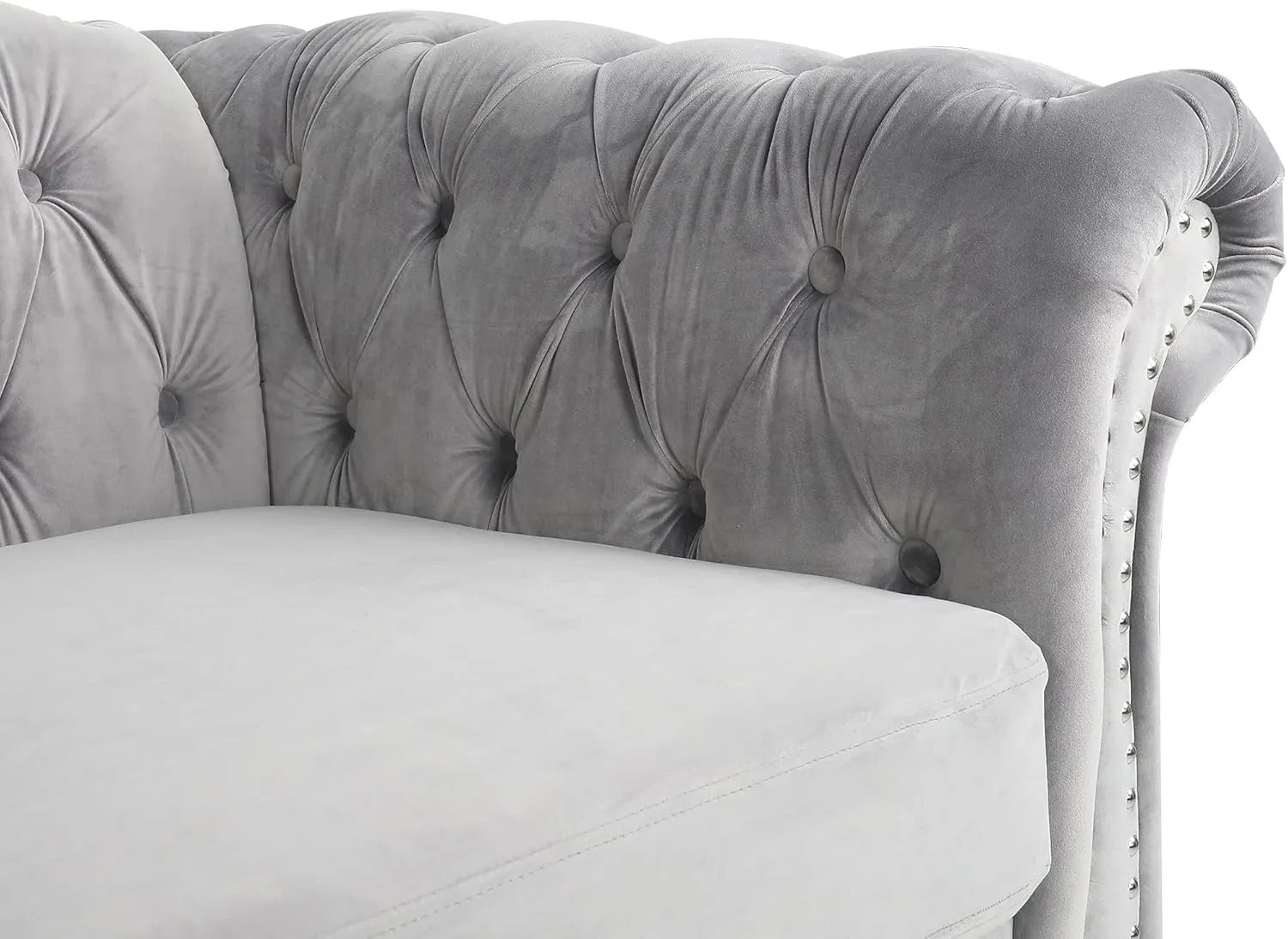 ONCIN Velvet Chesterfield Sofa, 84'' Modern Tufted 3 Seater Couch with Scroll Arms and Wood Legs for Living Room Bedroom (Gray), Grey Velvet, 84 In Chesterfield Sofa