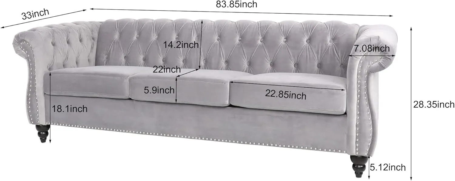 ONCIN Velvet Chesterfield Sofa, 84'' Modern Tufted 3 Seater Couch with Scroll Arms and Wood Legs for Living Room Bedroom (Gray), Grey Velvet, 84 In Chesterfield Sofa