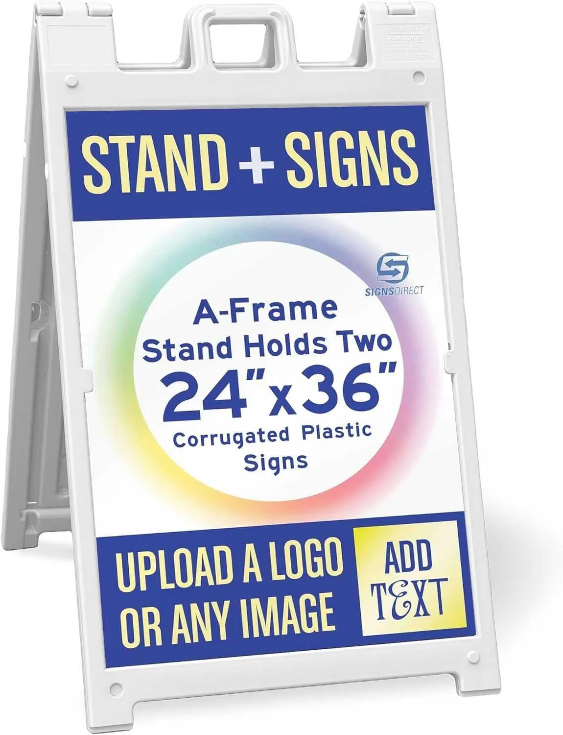 One White Signicade Deluxe A-Frame with 2 Custom Printed Signs