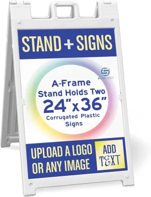 One White Signicade Deluxe A-Frame with 2 Custom Printed Signs