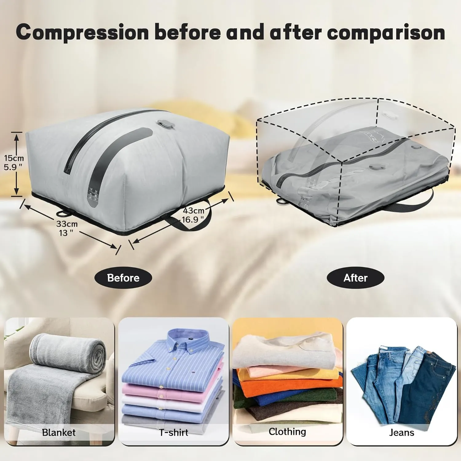 ONTYZZ Two Pack Travel Vacuum Compression Bags Reusable Compression Bag with IP67 Waterproof Zipper Space Saver Vacuum Bags for Suitcase,Grey
