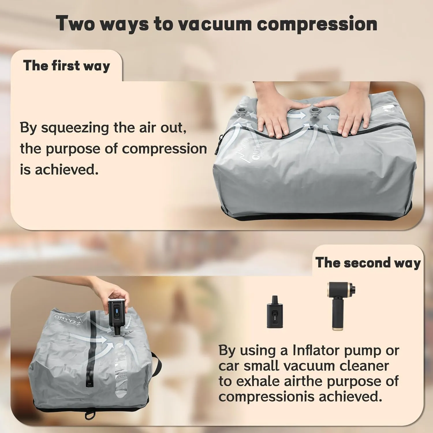 ONTYZZ Two Pack Travel Vacuum Compression Bags Reusable Compression Bag with IP67 Waterproof Zipper Space Saver Vacuum Bags for Suitcase,Grey