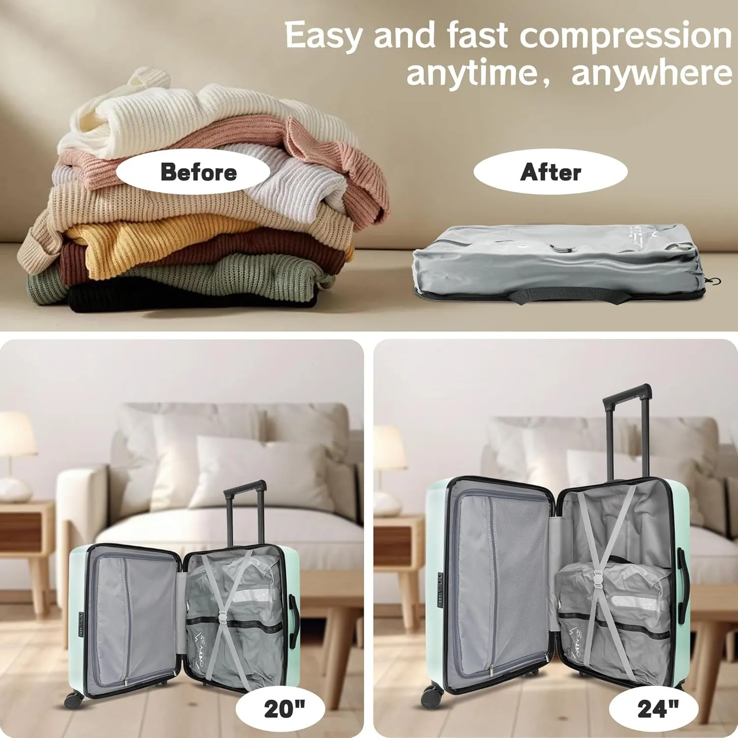ONTYZZ Two Pack Travel Vacuum Compression Bags Reusable Compression Bag with IP67 Waterproof Zipper Space Saver Vacuum Bags for Suitcase,Grey