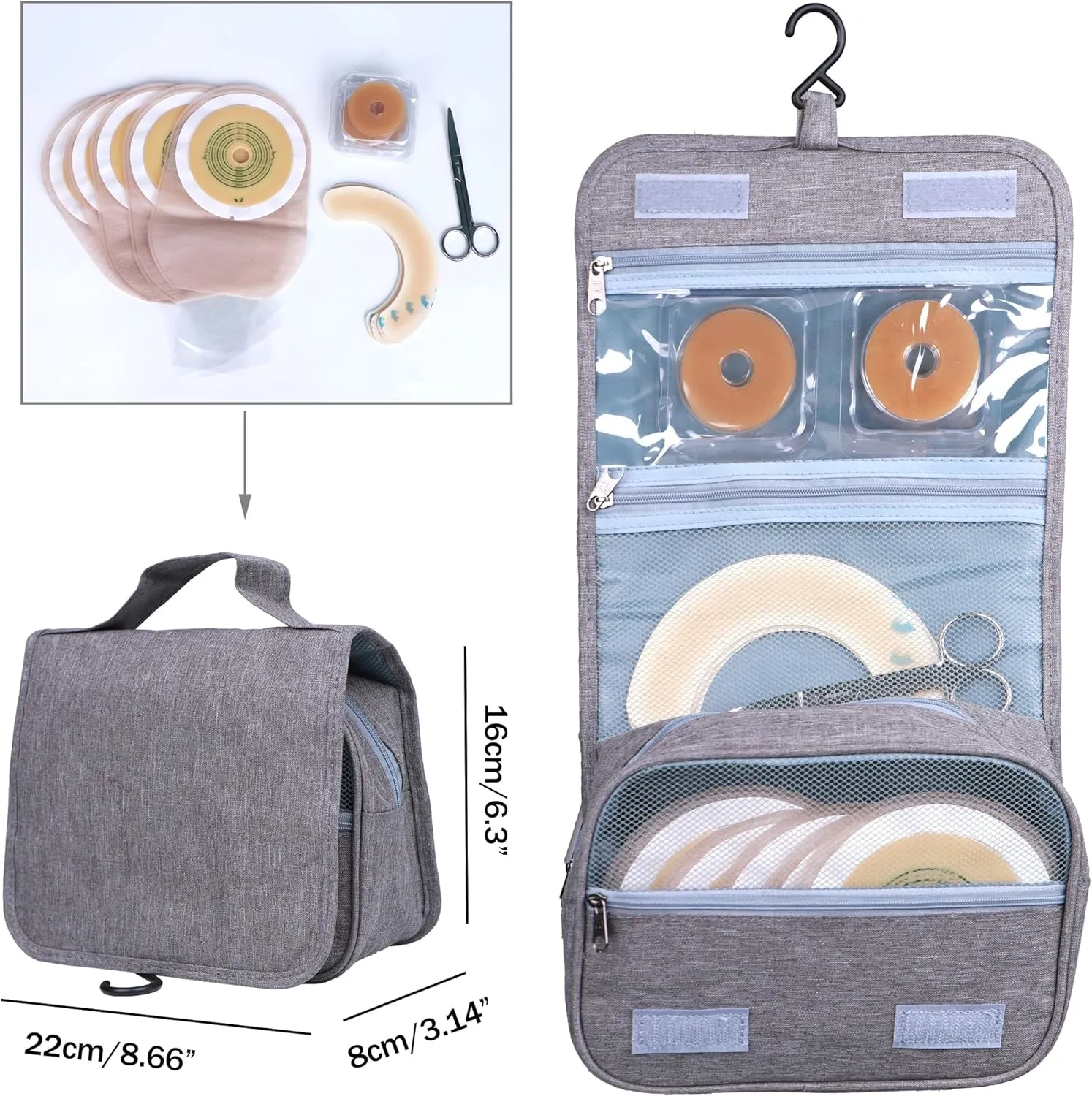 Ostomy Colostomy Travel Bag,Hanging Organizer Bag Accessory Storage Bags Pouch for Ostomy Supplies (Grey)
