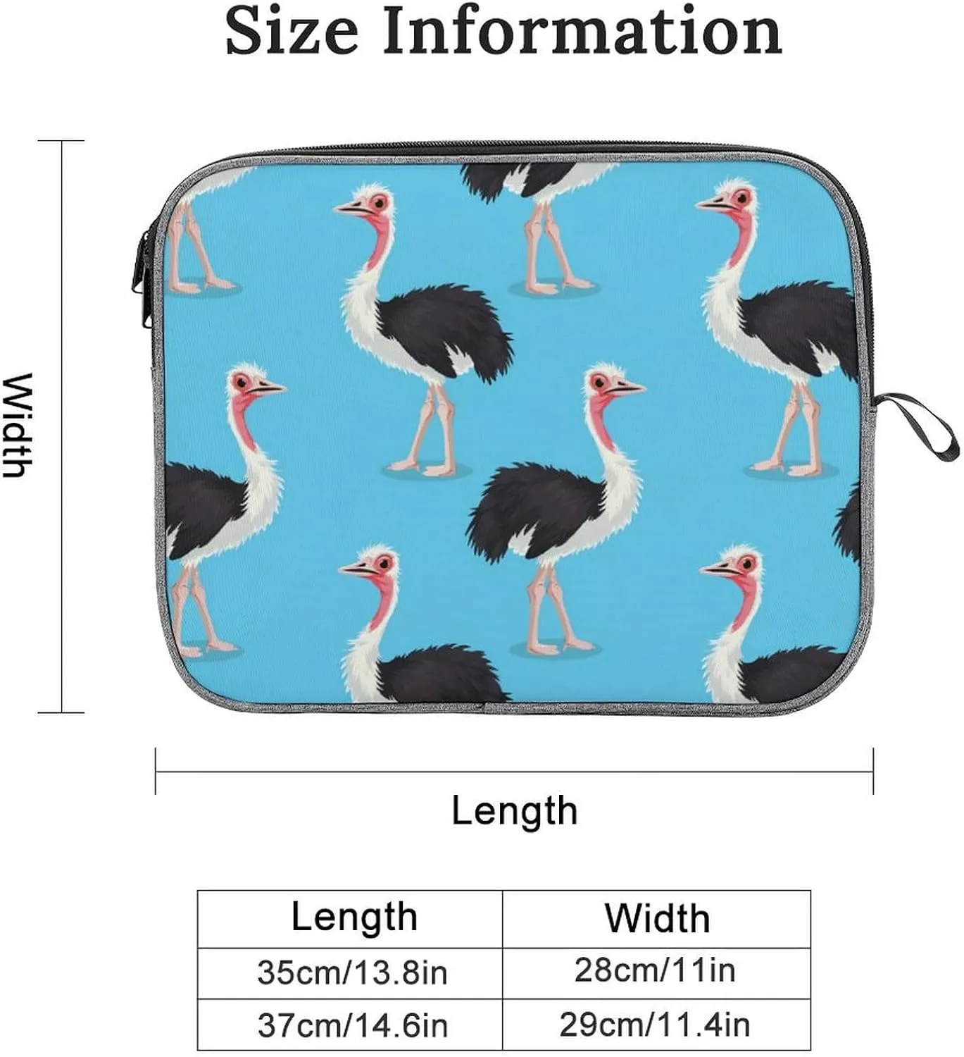 Ostrich Bird Print Laptop Sleeve Case Protective Notebook Carrying Bag Travel Briefcase 13inch