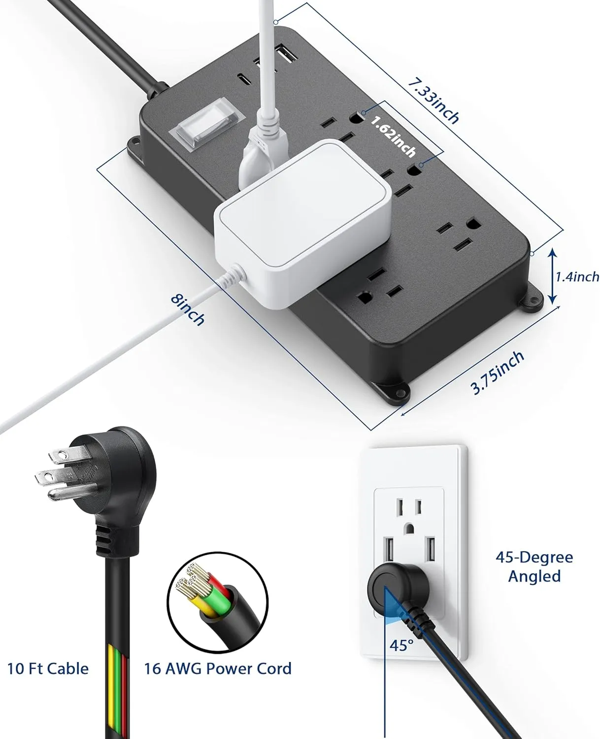 Outdoor Power Strip Weatherproof with USB C,IPX6 Waterproof Surge Protector Wall Mount Multi Outlet Extension for Patio Accessories,6 Outlets and 3 USB Ports,10ft Cable,Flat Plug(2000 Joules)