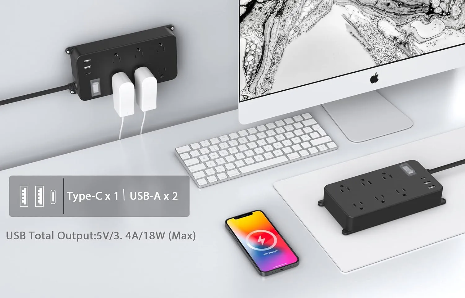 Outdoor Power Strip Weatherproof with USB C,IPX6 Waterproof Surge Protector Wall Mount Multi Outlet Extension for Patio Accessories,6 Outlets and 3 USB Ports,10ft Cable,Flat Plug(2000 Joules)